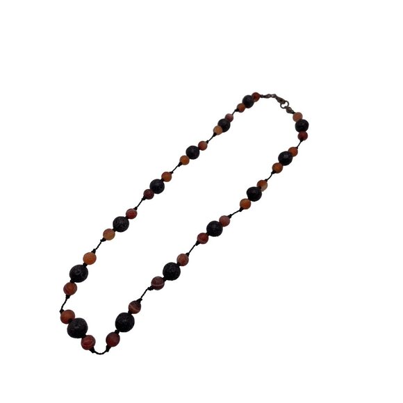 Necklace Women 16" Beaded Black & Red Orange Lava Rock 925 Silver Clasp - Picture 3 of 9